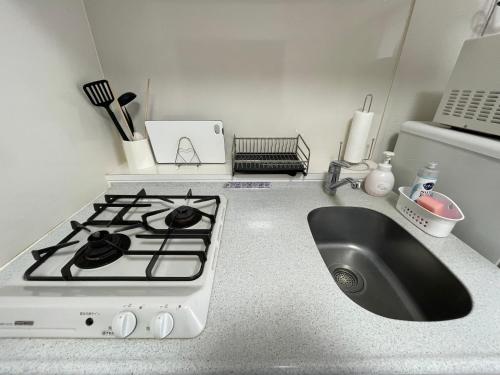 a kitchen counter with a stove and a sink at Canaan Chuocho Building A in Kagoshima