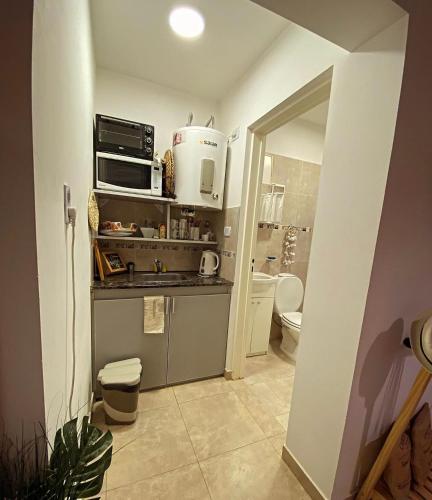 a kitchen with a sink and a microwave at La Félicité Alojamiento in Puerto Madryn