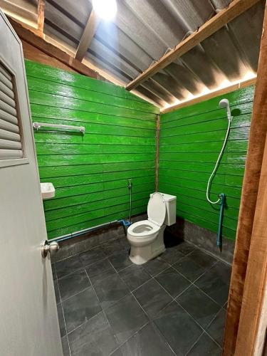 a green bathroom with a toilet and a green wall at The Sunset View klong Hin Beach Lanta in Ko Lanta