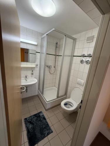 een badkamer met een douche, een toilet en een wastafel bij Leos und Armando Gjuci GbR in Großpostwitz