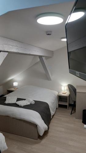a bedroom with a bed and a flat screen tv at Domaine du Haut des Bluches in La Bresse