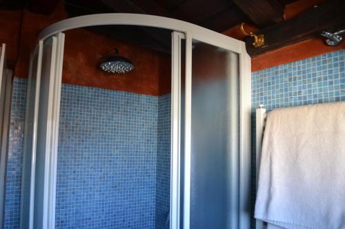 een douche in een badkamer met blauwe tegels bij La Dimora della Luna Appartamento Rosso in Trieste