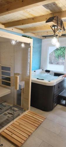 a sauna with a glass shower in a room at Kuća za odmor Delak in Fužine