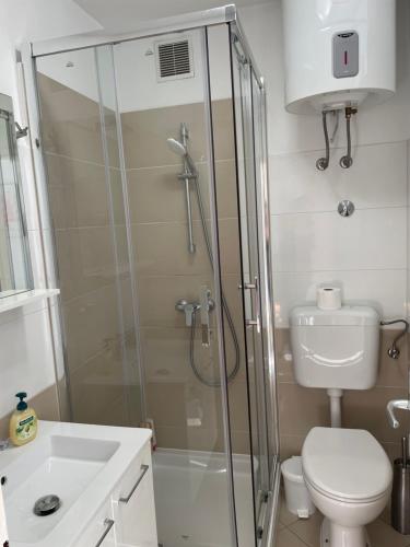 un bagno con doccia, WC e lavandino di Apartment Beauty a Pola (Pula)