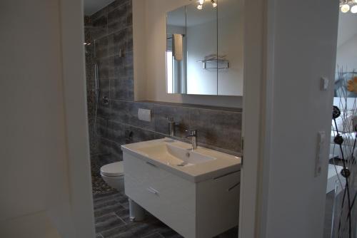 een badkamer met een wastafel, een toilet en een spiegel bij Destination Markgräfler Land in Bad Bellingen