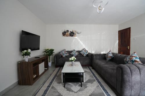 een woonkamer met een bank en een tv bij Modern Kisumu Apartment Near Airport, Malls & Lake Victoria in Kisumu
