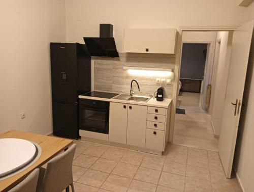 a kitchen with a sink and a black refrigerator at Urban Mountain House in Karpenision