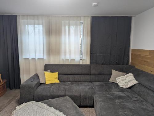 een woonkamer met een grijze bank en gele kussens bij Meet & Greet am Radfernweg E-Bike modern in Erfurt