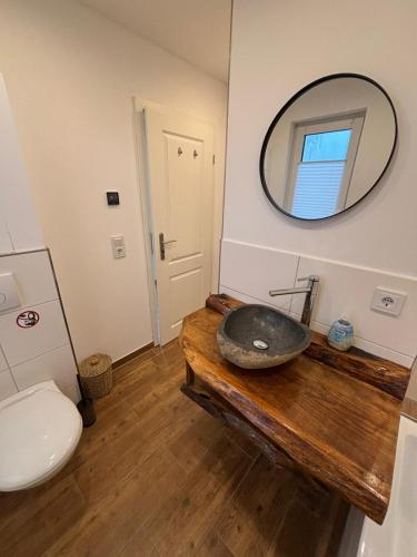 a bathroom with a sink and a mirror at Schildetal Apartment 1 in Camin