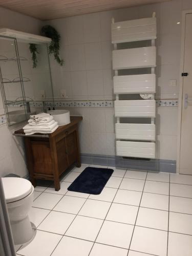 een badkamer met een toilet, een wastafel en handdoeken bij Gîte Sous Nous in Youx