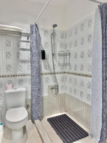 a bathroom with a toilet and a shower with a shower curtain at Spacious apartment in Tétouan