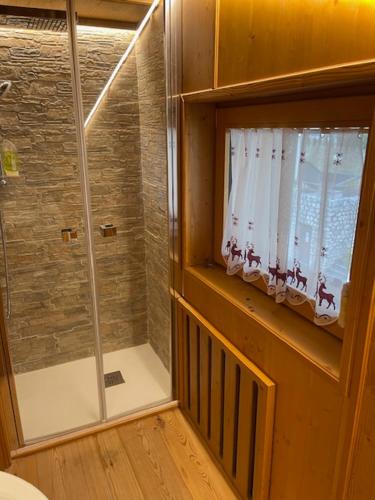 a bathroom with a shower and a glass window at Chalet Luxury Pelmo in San Vito di Cadore