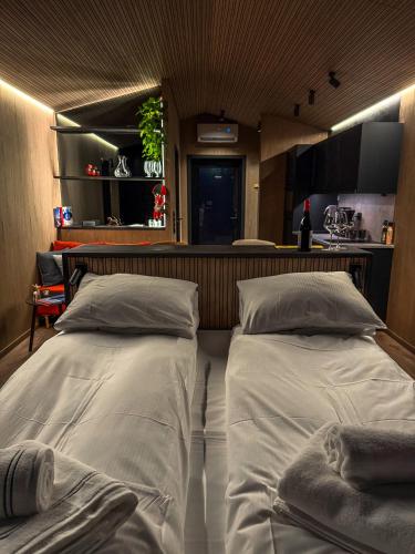 two beds sitting next to each other in a room at Lyngen Aurora Resort in Koppangen