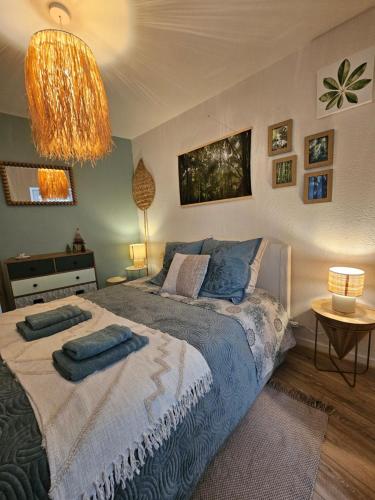 een slaapkamer met een groot bed met twee handdoeken erop bij Gîte "Bornéo", avec parking securisé in La Roche-sur-Yon