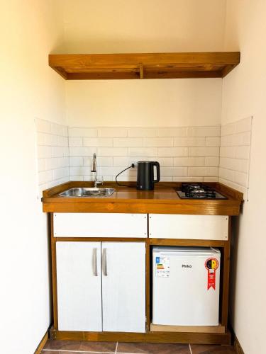 een kleine keuken met een wastafel en een vaatwasser bij palmaresuites in Imbituba