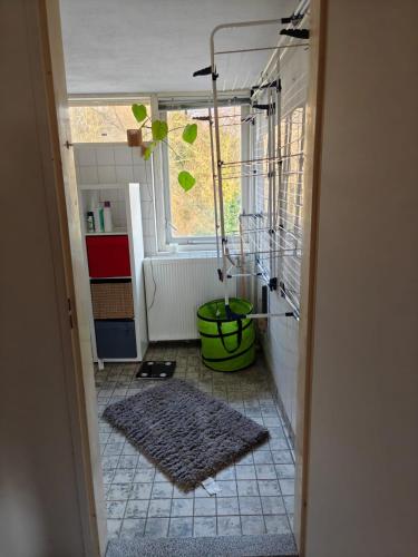 a kitchen with a window and a rug on the floor at Cricri in Lelystad
