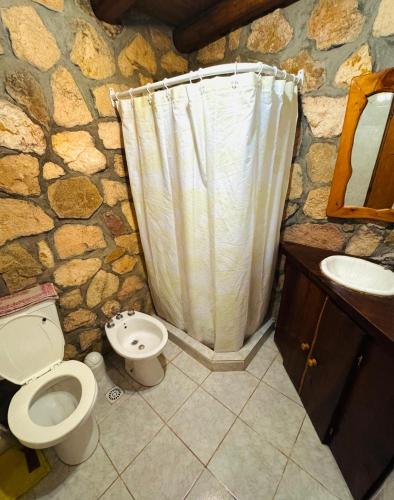 a stone bathroom with a toilet and a sink at Guathemoc cabañas in Panaholma