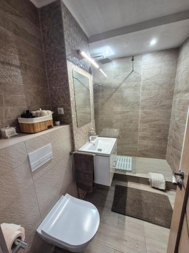 a bathroom with a toilet and a sink and a shower at Edge Apartament in Cristuru Secuiesc