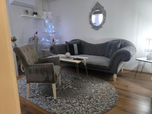 a living room with a couch and a christmas tree at Apartman Dacha, Centar Ilidže, Ustanička broj 23 in Sarajevo