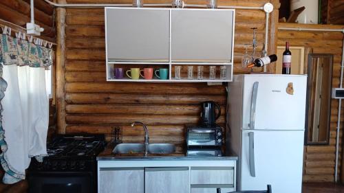 una cucina con un frigorifero bianco e un lavello di Cabaña Rincón del Aarón a Ciudad Lujan de Cuyo
