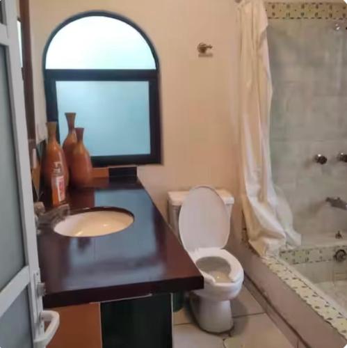 a bathroom with a toilet and a sink and a shower at Cozy Marbella suits 2 bed 2 bath in Puerto Vallarta