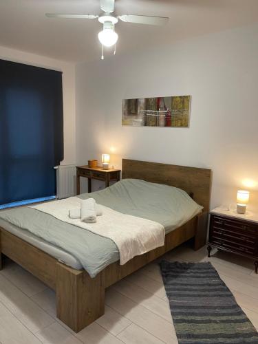 een slaapkamer met een bed en twee nachtkastjes bij Casa Shay Brasov in Braşov