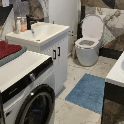 una lavatrice in bagno con lavandino e servizi igienici di Central apartment Târgu Mureș a Târgu-Mureş