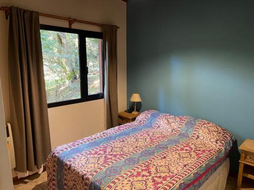 een slaapkamer met een bed en een raam bij Bosque y Playa en casa in Carilo