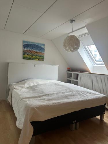 ein Schlafzimmer mit einem Bett und einem Dachfenster in der Unterkunft Apartment near Utzon in Aalborg