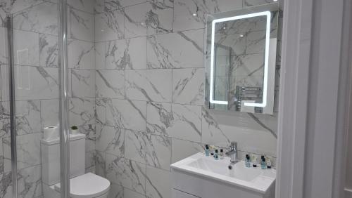 a bathroom with a sink and a toilet and a mirror at Royal House by Bourne Hall in Bournemouth