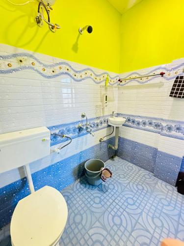 a bathroom with a toilet and a sink and a bucket at KARDOM Homes Moran in Morānha