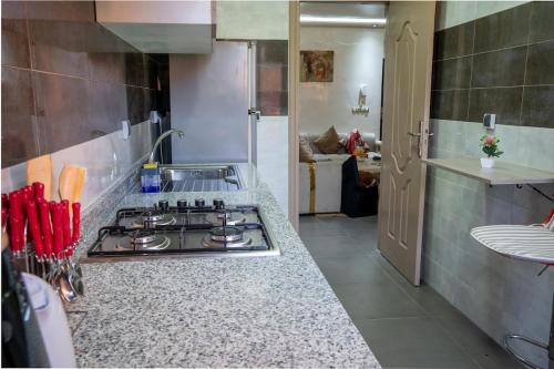 une cuisine avec une cuisinière et un comptoir dans l'établissement Sirajbeau miftah elkhair, à Béni Mellal