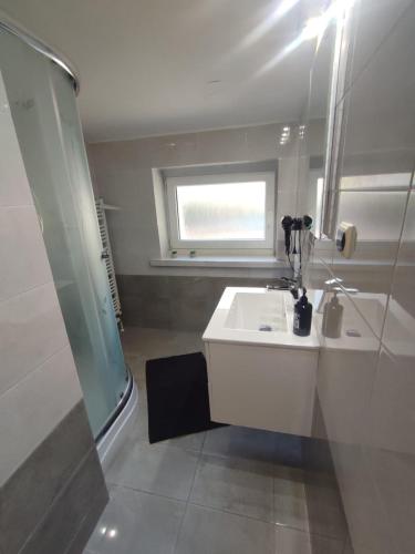 a bathroom with a white sink and a shower at Willa Izerka BALIA JACUZZI SAUNA BILLARD in Świeradów-Zdrój