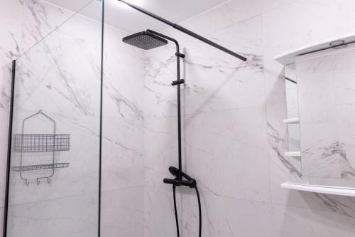 een douche met een glazen deur in een badkamer bij Dailes in Dzelmes