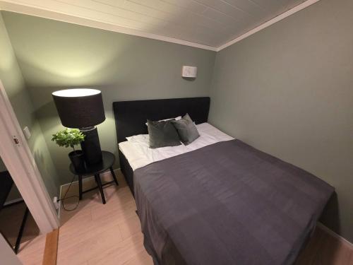 een slaapkamer met een bed en een lamp erin bij House with great location in Trysil