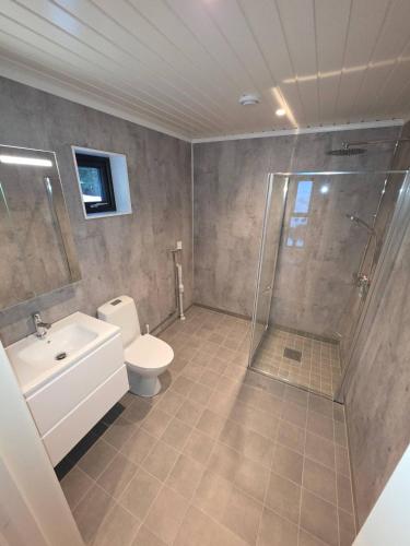 a bathroom with a shower and a toilet and a sink at House with great location in Trysil