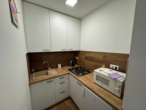 eine kleine Küche mit weißen Schränken und einer Mikrowelle in der Unterkunft Kajakiem z Marzysza in Marzysz