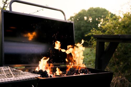eine Feuerstelle mit Flammen aus ihr heraus in der Unterkunft Victoria Plum in Cropthorne