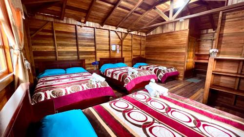 a group of four beds in a room with wooden walls at Paraiso Orquideario in Baños