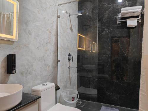 a bathroom with a shower and a toilet and a sink at Sunrise Vista Resort & Hotel in Bāgeshwar