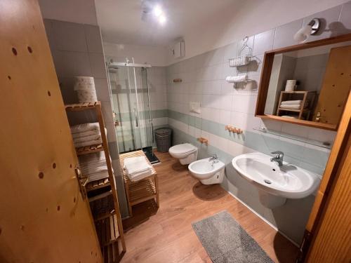 een badkamer met een wastafel, een toilet en een spiegel bij Tesino Appartamenti in Castello Tesino