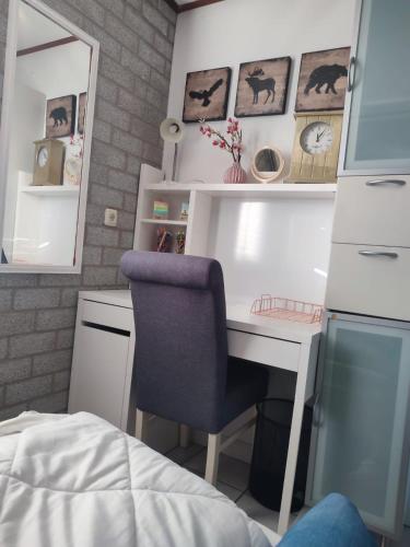 una camera da letto con scrivania, sedia e specchio di Gemütliches, komfortables Ferienhaus a Schoorl
