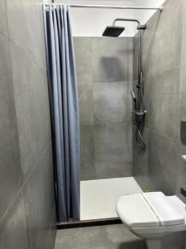 a bathroom with a shower curtain and a toilet at White Studio in Câmpulung Moldovenesc