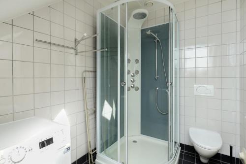 een badkamer met een douche, een toilet en een wastafel bij Stylish apt 2nd floor city centre in Trondheim
