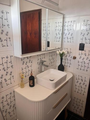 een badkamer met een wastafel en een spiegel bij Chuy home in Chuy