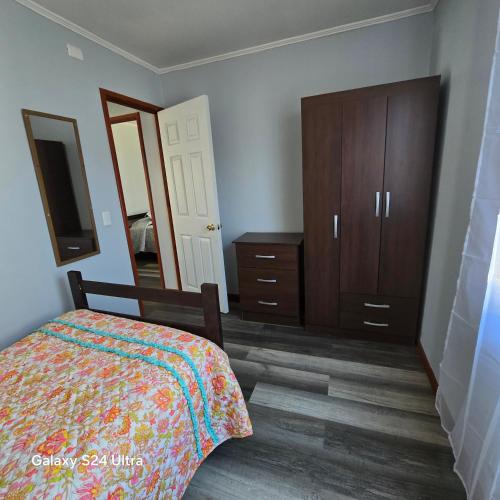 ein Schlafzimmer mit einem Bett, einer Kommode und einem Spiegel in der Unterkunft Casa en Frutillar in Frutillar