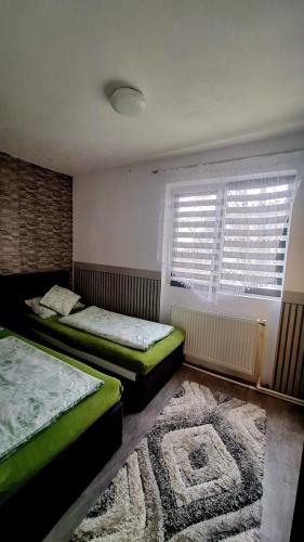 a bedroom with two beds and a window and a rug at VITAN Central Apartament in Tîrnăveni