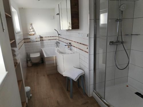 een badkamer met wastafel, douche en toilet bij Chaloupka u Rity in Bublava