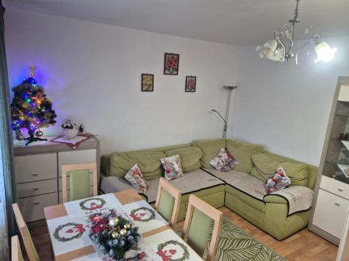 ein Wohnzimmer mit einer grünen Couch und einem Weihnachtsbaum in der Unterkunft Apartament Lidka Zaprasza in Kwidzyn