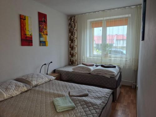 two beds in a small room with a window at Apartament Lidka Zaprasza in Kwidzyn